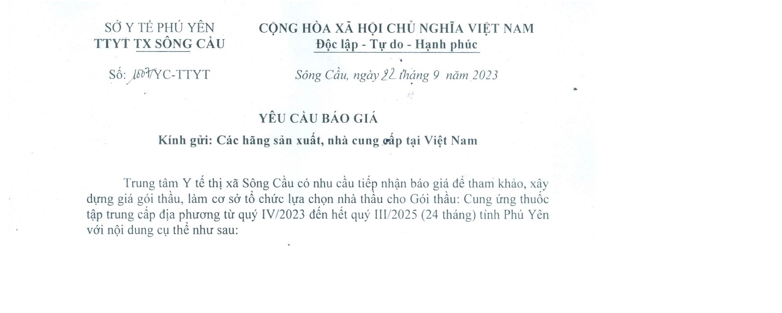 YCBG Gói thầu: Cung ứng thuốc tập trung cấp địa phương 